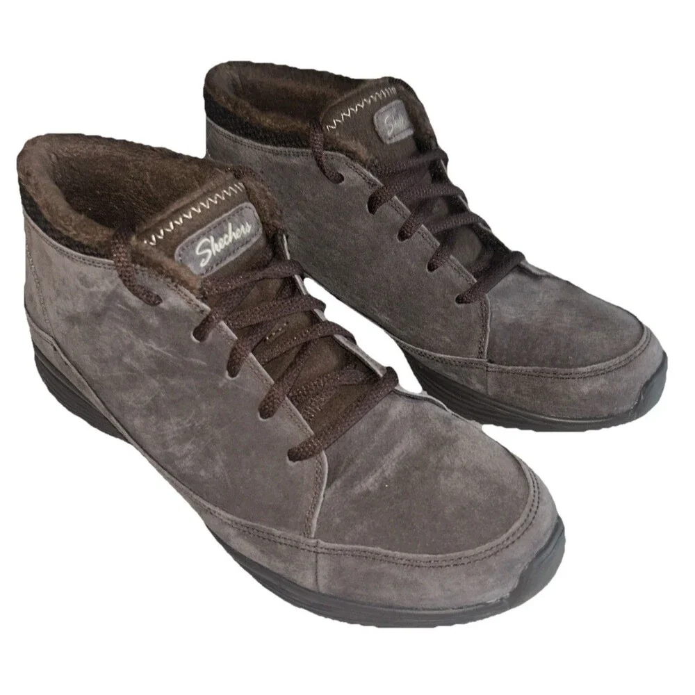 Skechers Seager Hi Women 9 Brown Leather Faux Fur Fleece Ankle Lace Up Boot